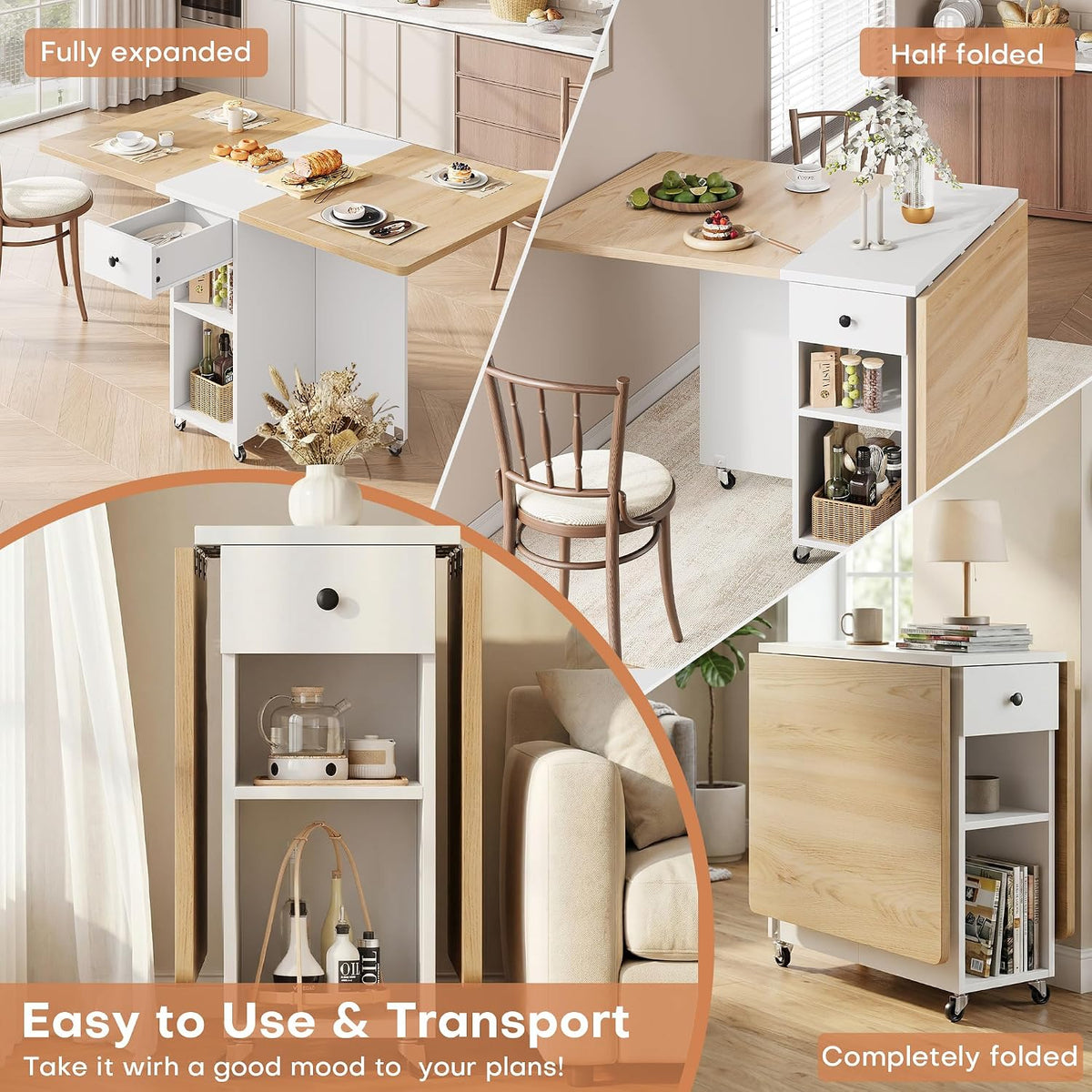 Natural Wheeled Storage Dining Table