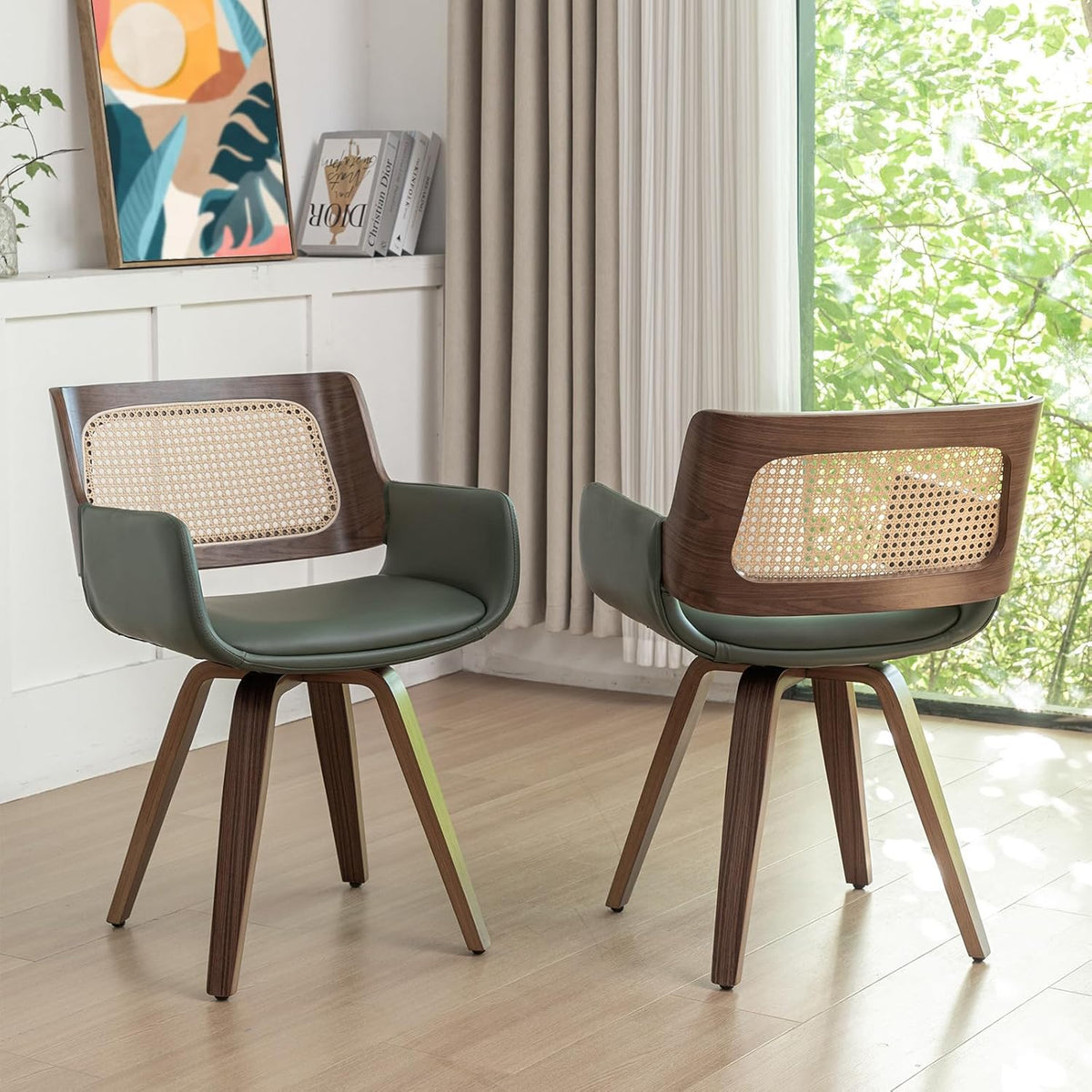 Walnut Cane Swivel Dining Armchairs