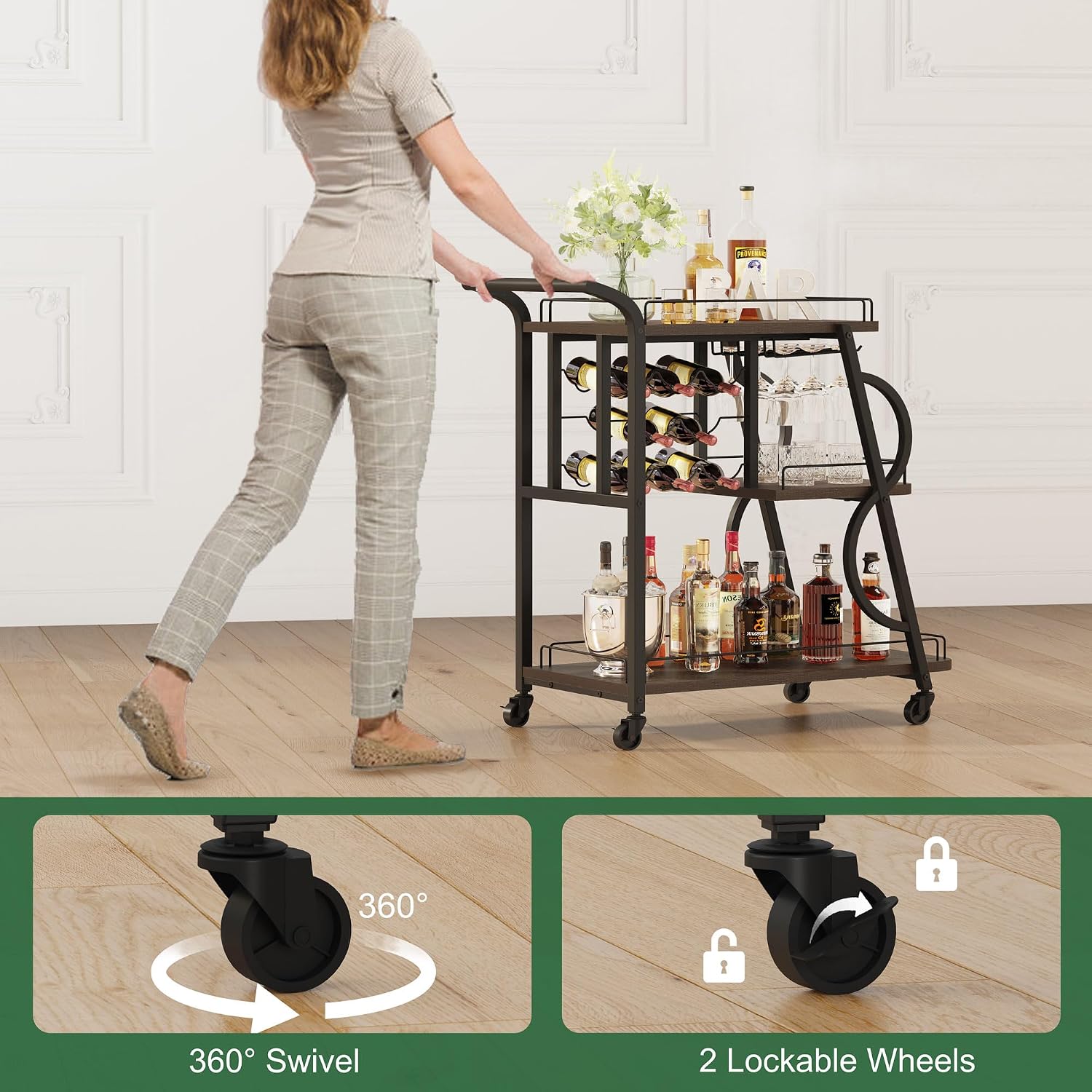 Walnut 3-Tier Rolling Home Bar Cart