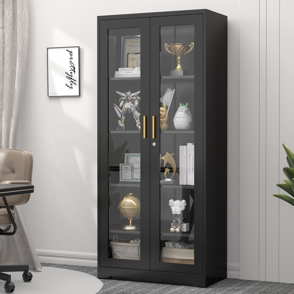 Black Lockable Metal Glass Cabinet