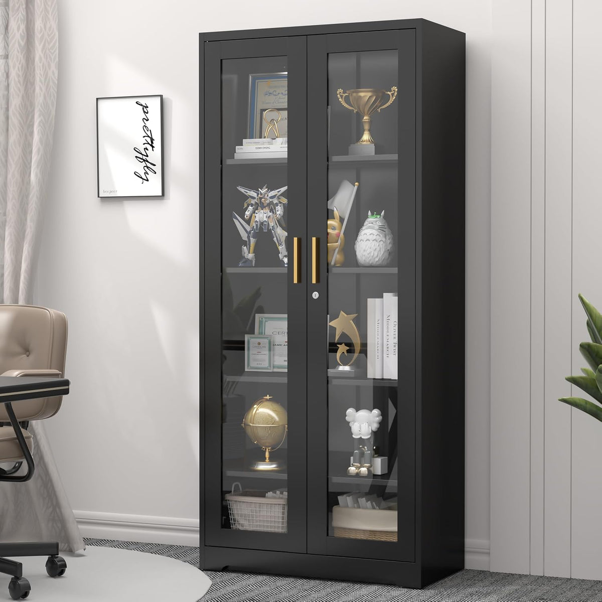 Black Lockable Metal Glass Cabinet