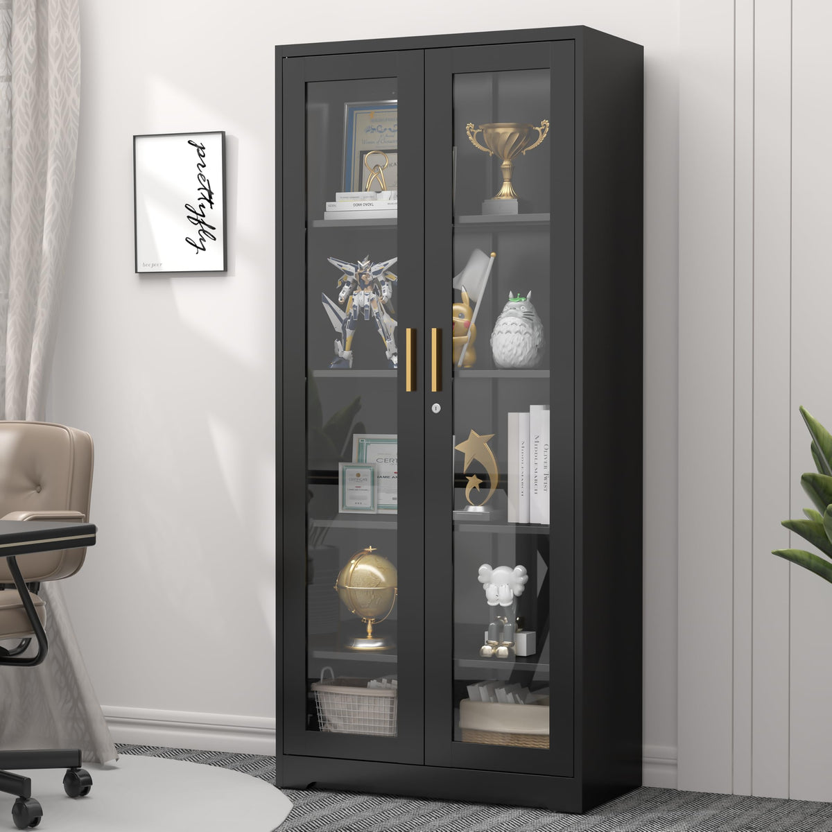 Black Lockable Metal Glass Cabinet