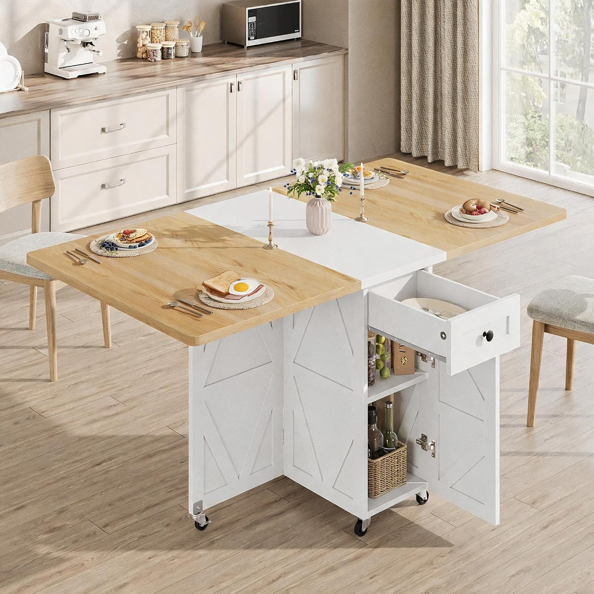 Natural Wheeled Storage Dining Table