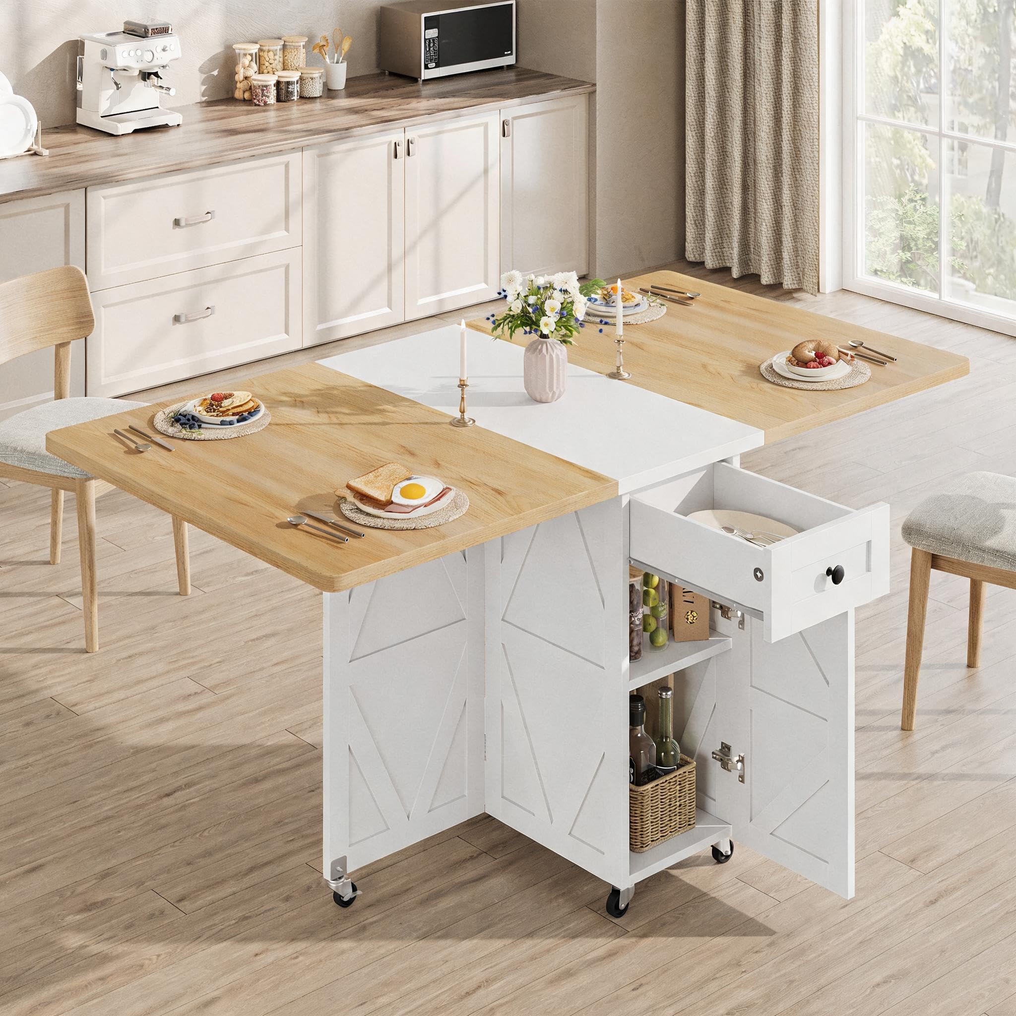 Natural Wheeled Storage Dining Table