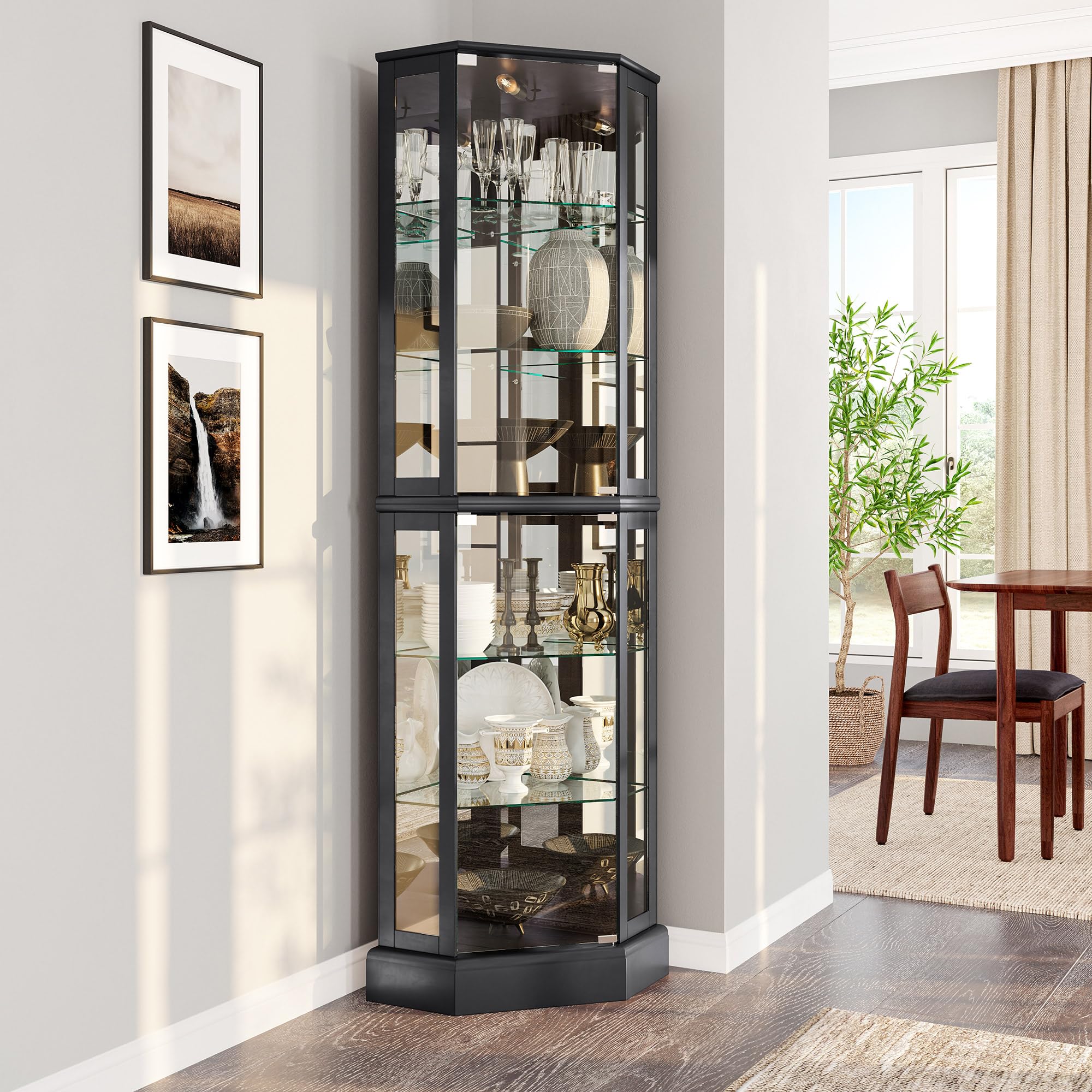 Black Lit Curved Glass Corner Cabinet