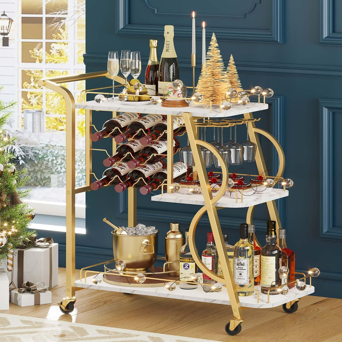 Gold Marbleized 3-Tier Bar Cart