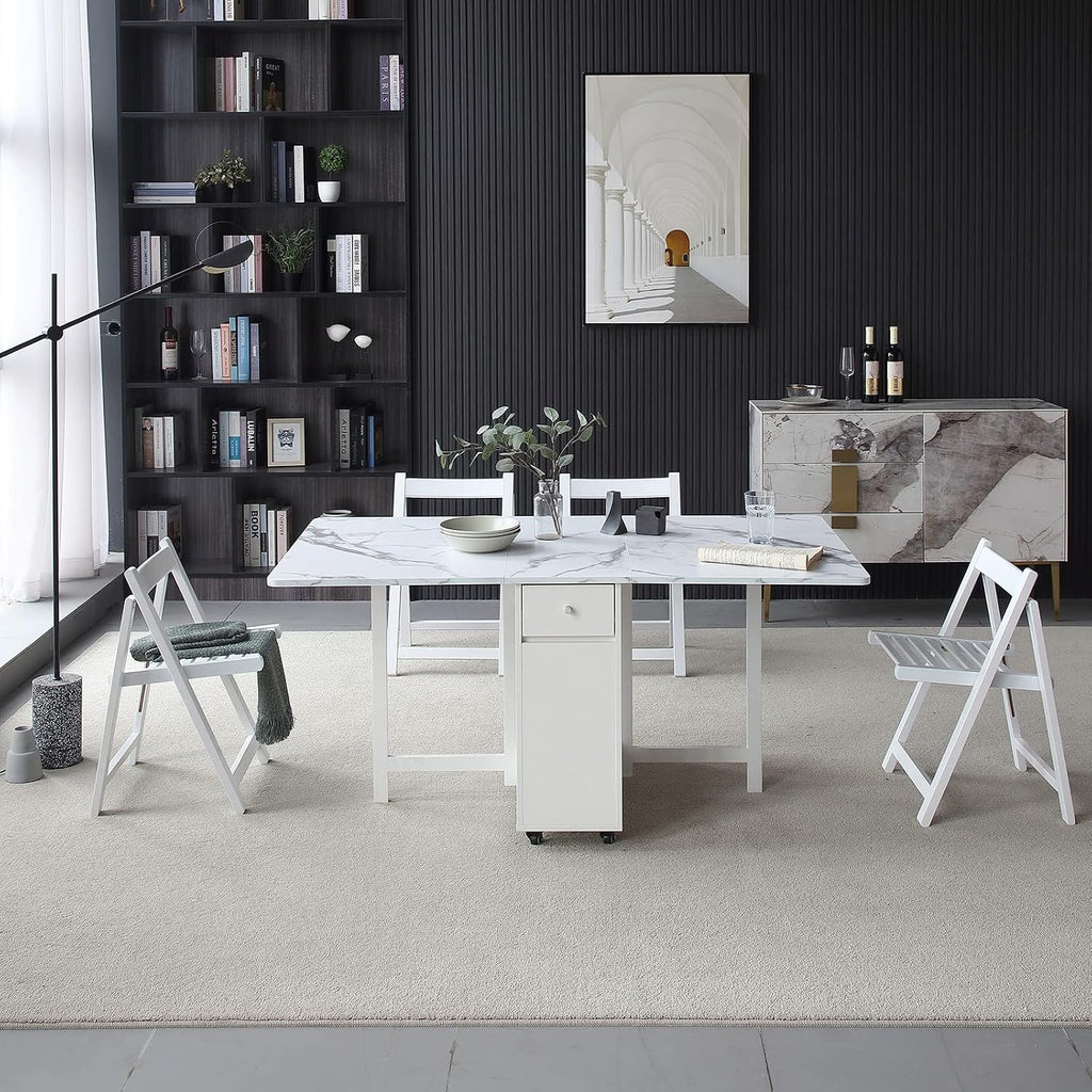 White Wheeled Drop Leaf Dining Table