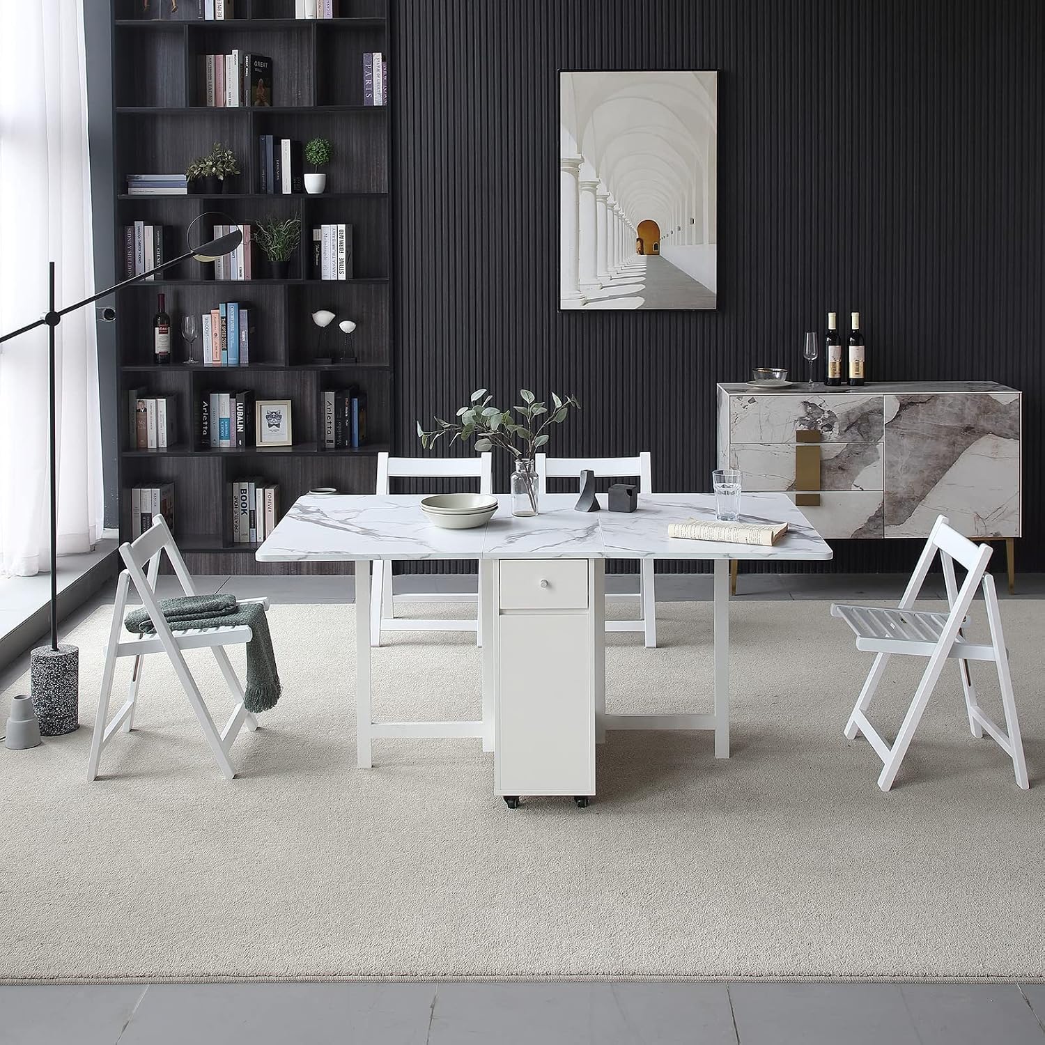 White Wheeled Drop Leaf Dining Table