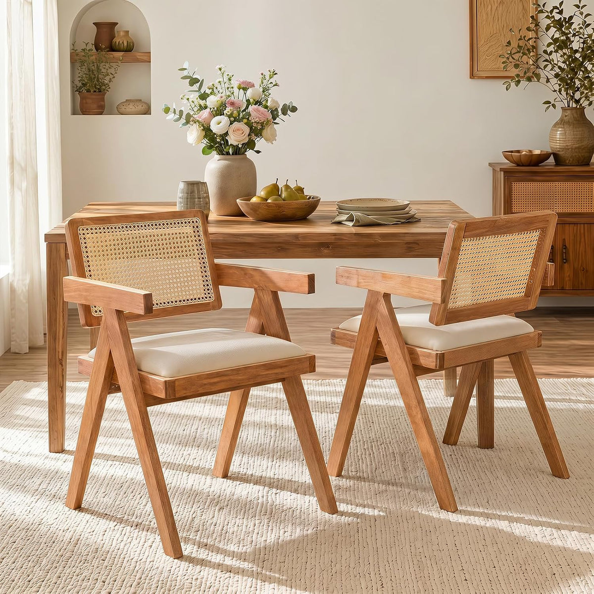 Wood Rattan Cushioned Arm Dining Chairs