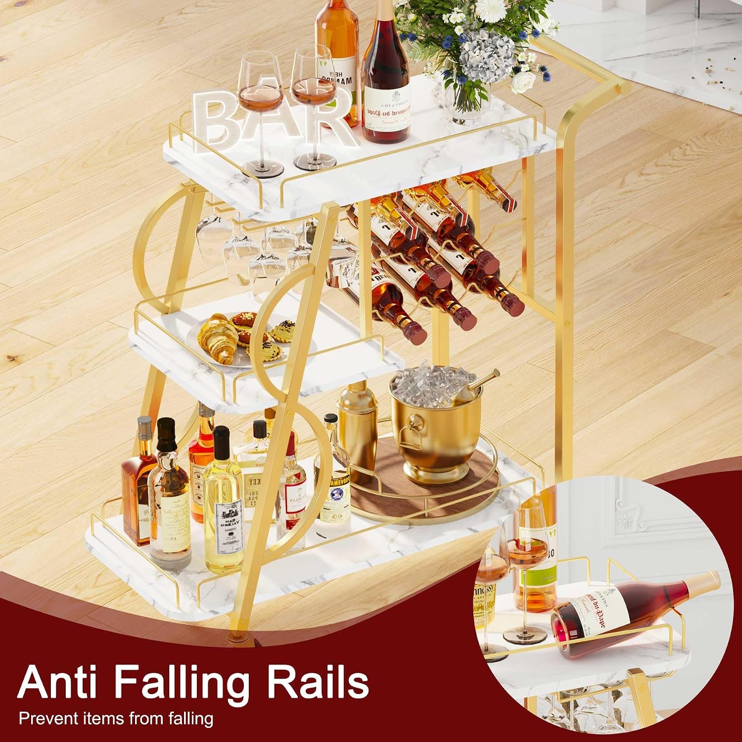 Gold Marbleized 3-Tier Bar Cart