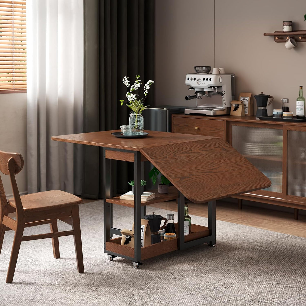Walnut Wheeled Extendable Dining Table