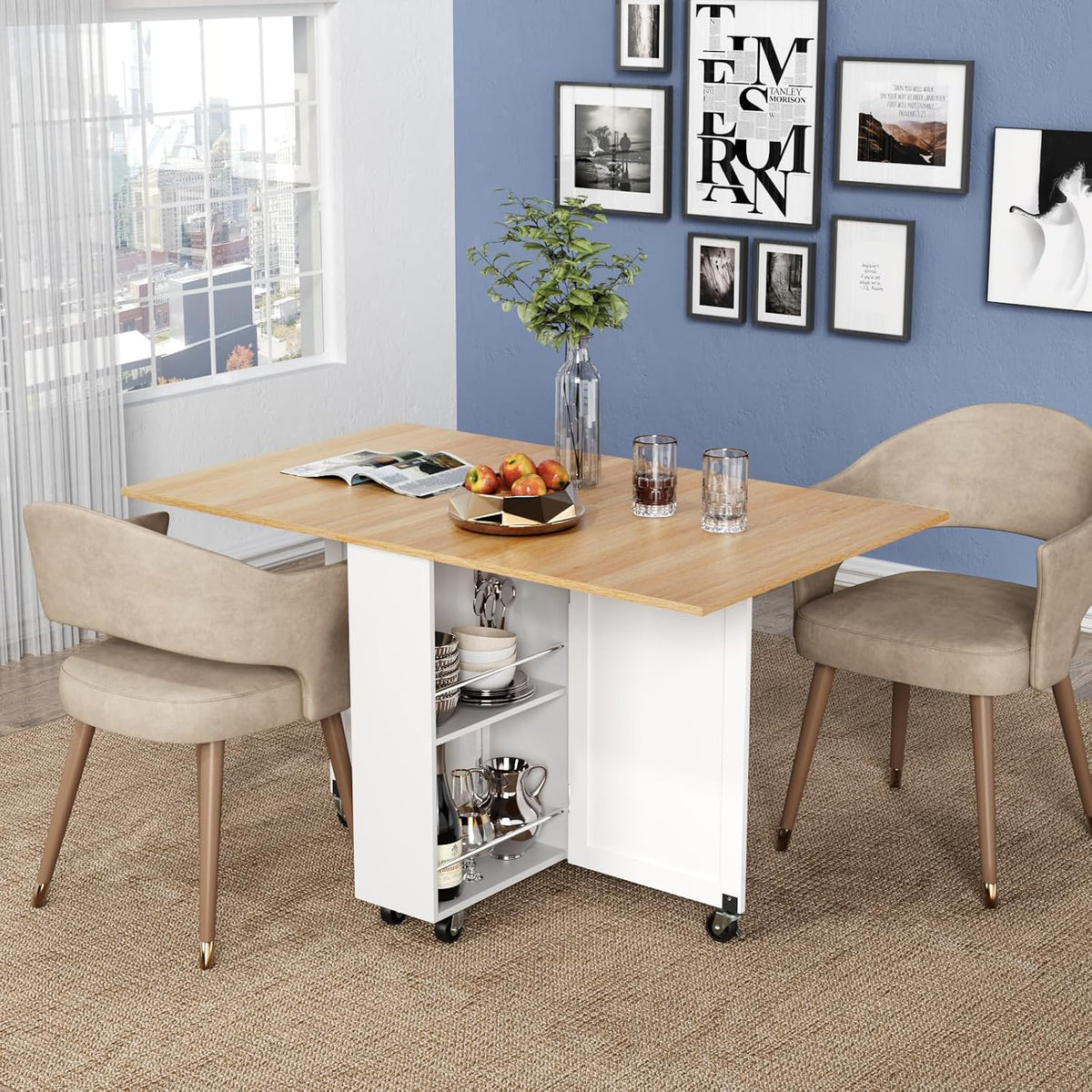 Light Brown Wheeled Storage Dining Table