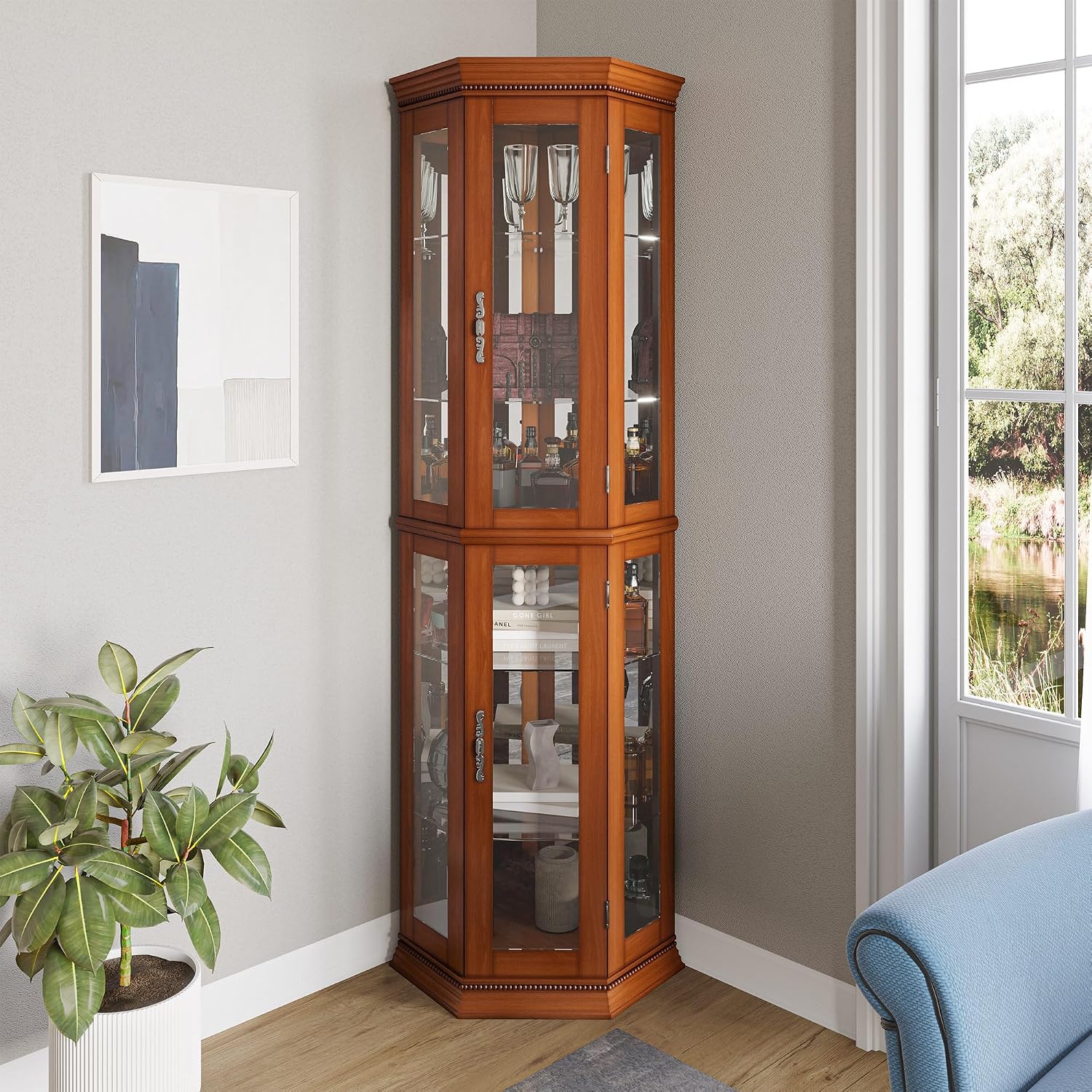 Lit Three-Side Glass Corner Cabinet