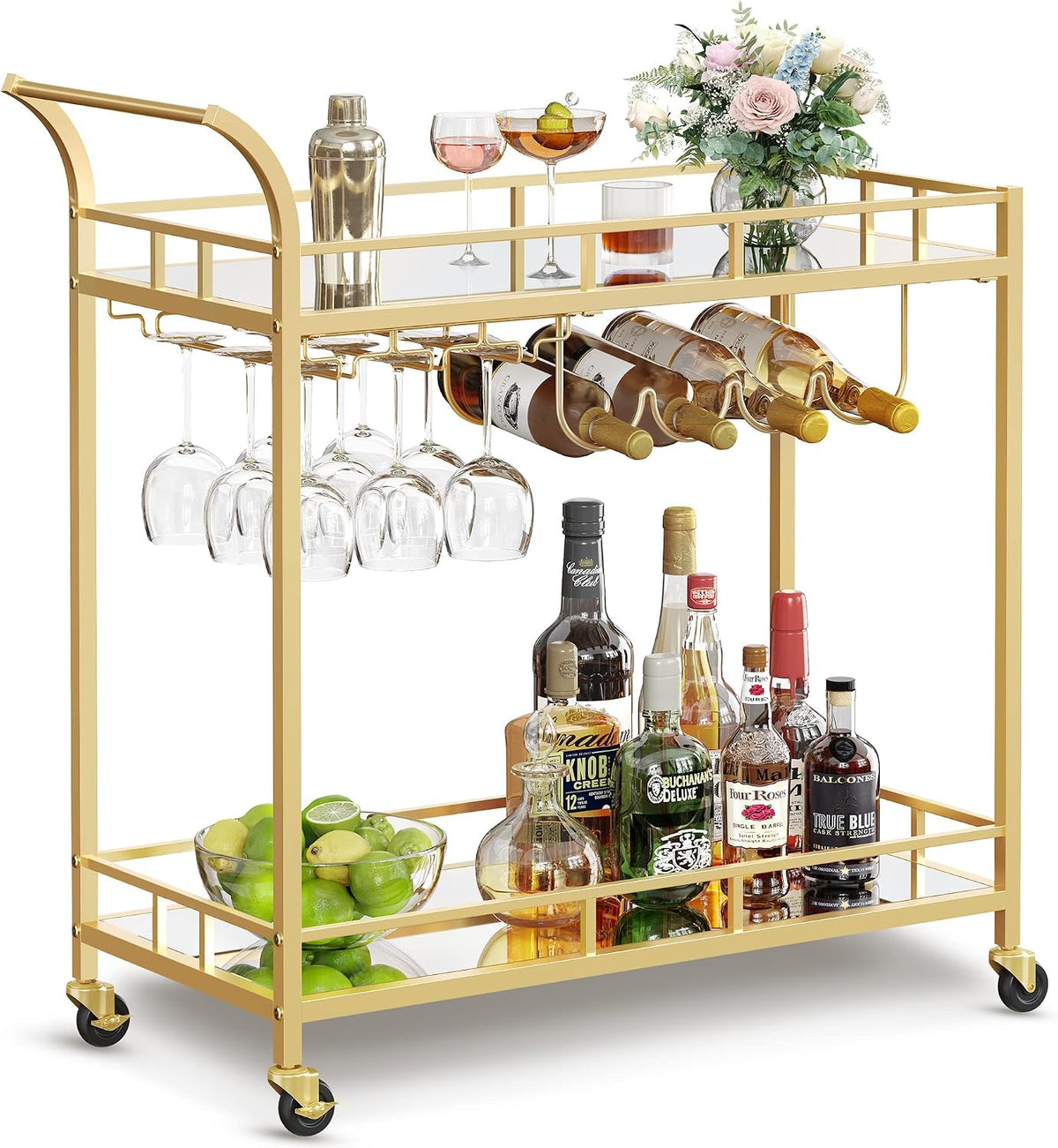 Gold Mirrored Rolling Wine Bar Cart
