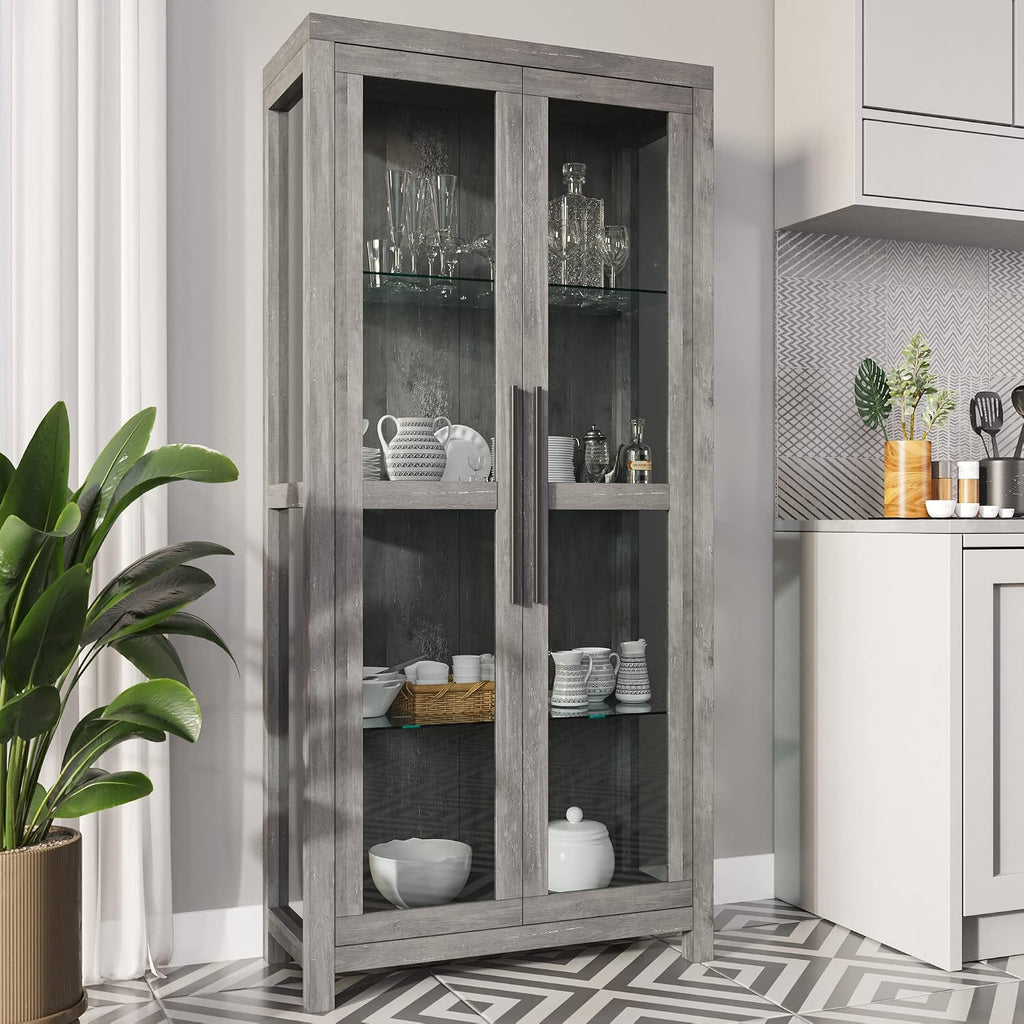 Gray Wash Tall Glass Curio Cabinet