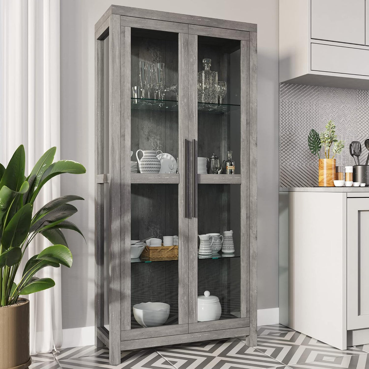 Gray Wash Tall Glass Curio Cabinet