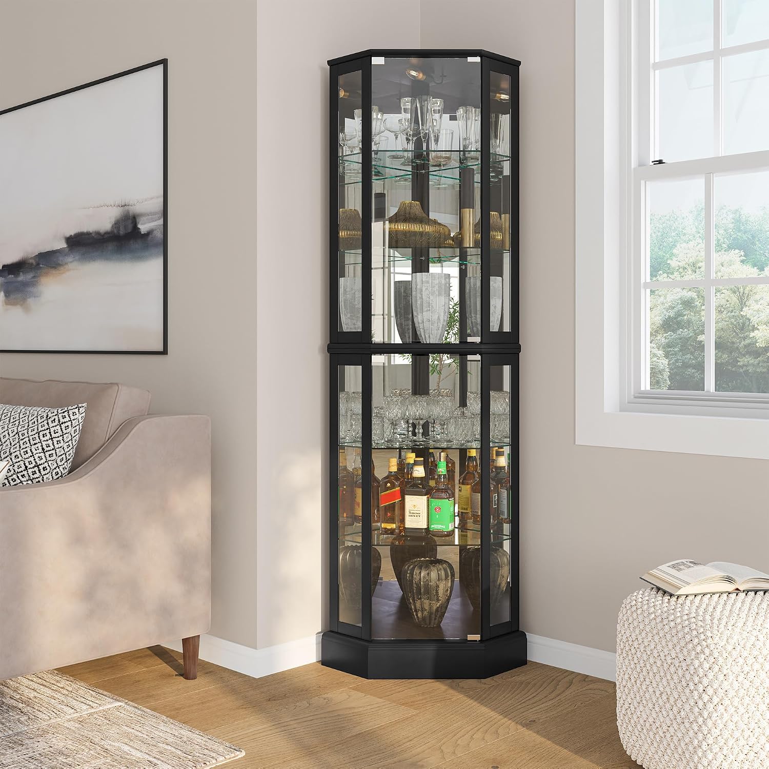 Black Lit Curved Glass Corner Cabinet