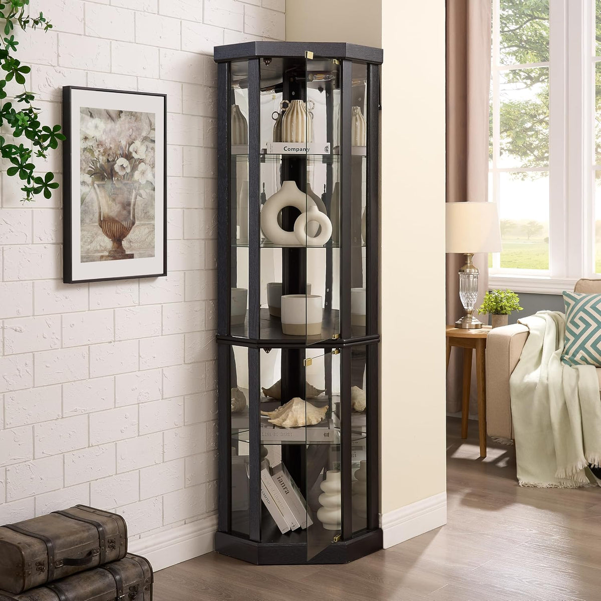 Black Lit Corner Glass Curio Cabinet