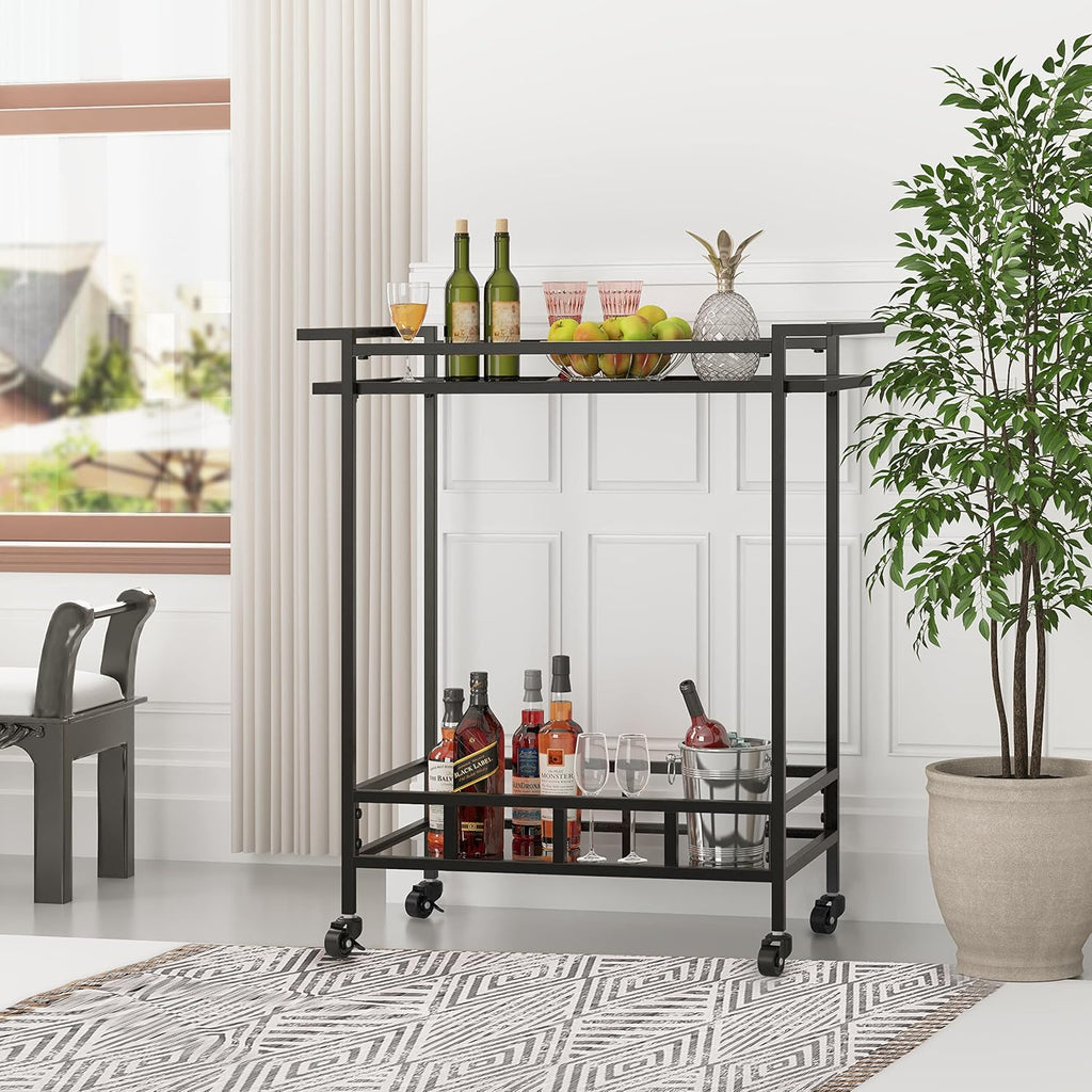 Black Glass Rolling Wine Bar Cart