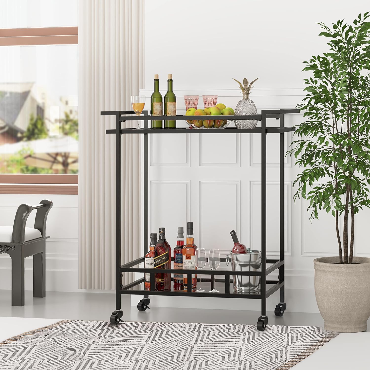 Black Glass Rolling Wine Bar Cart