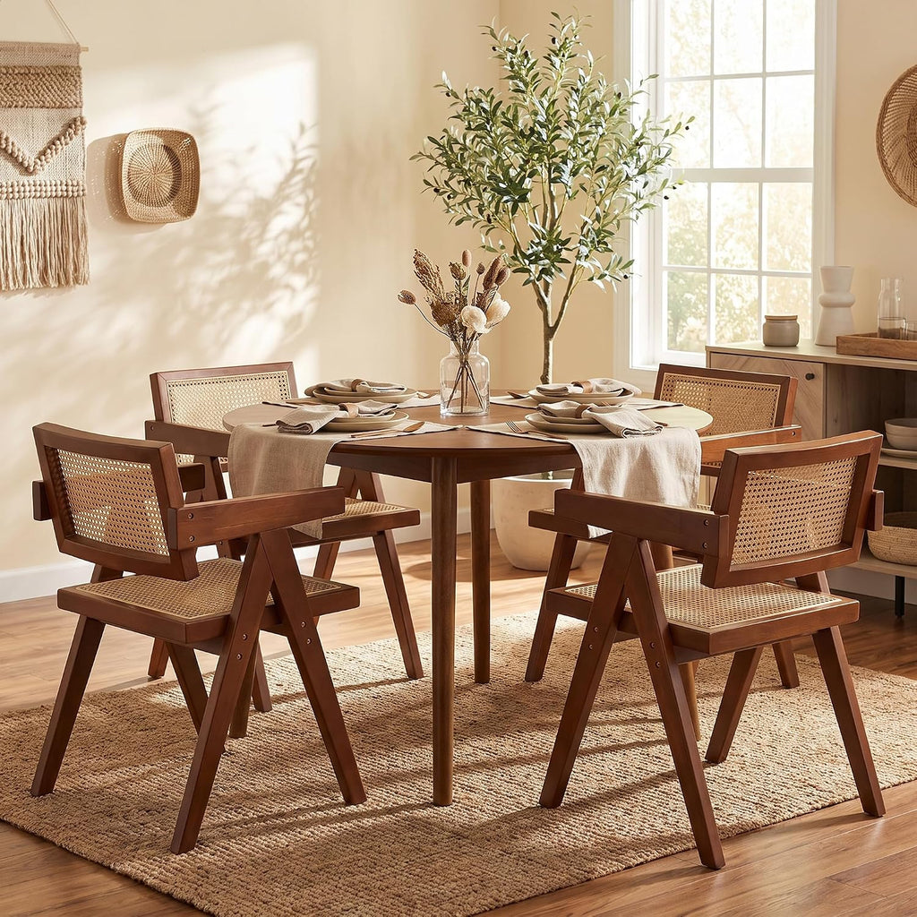 Walnut Rattan Arm Dining Chairs Set