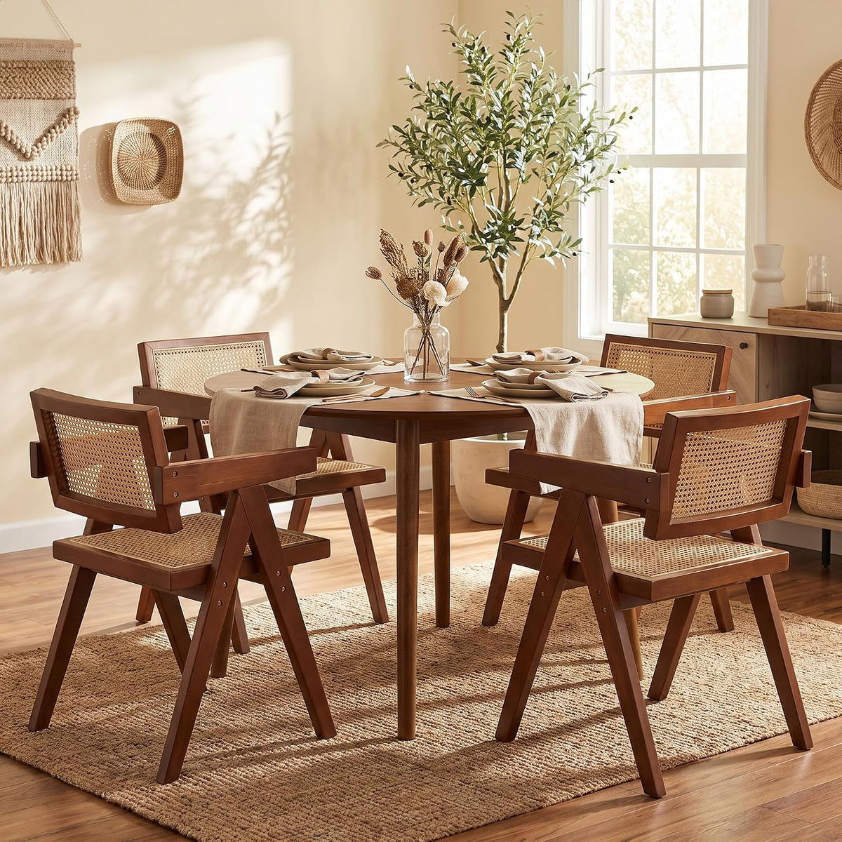 Walnut Rattan Arm Dining Chairs Set