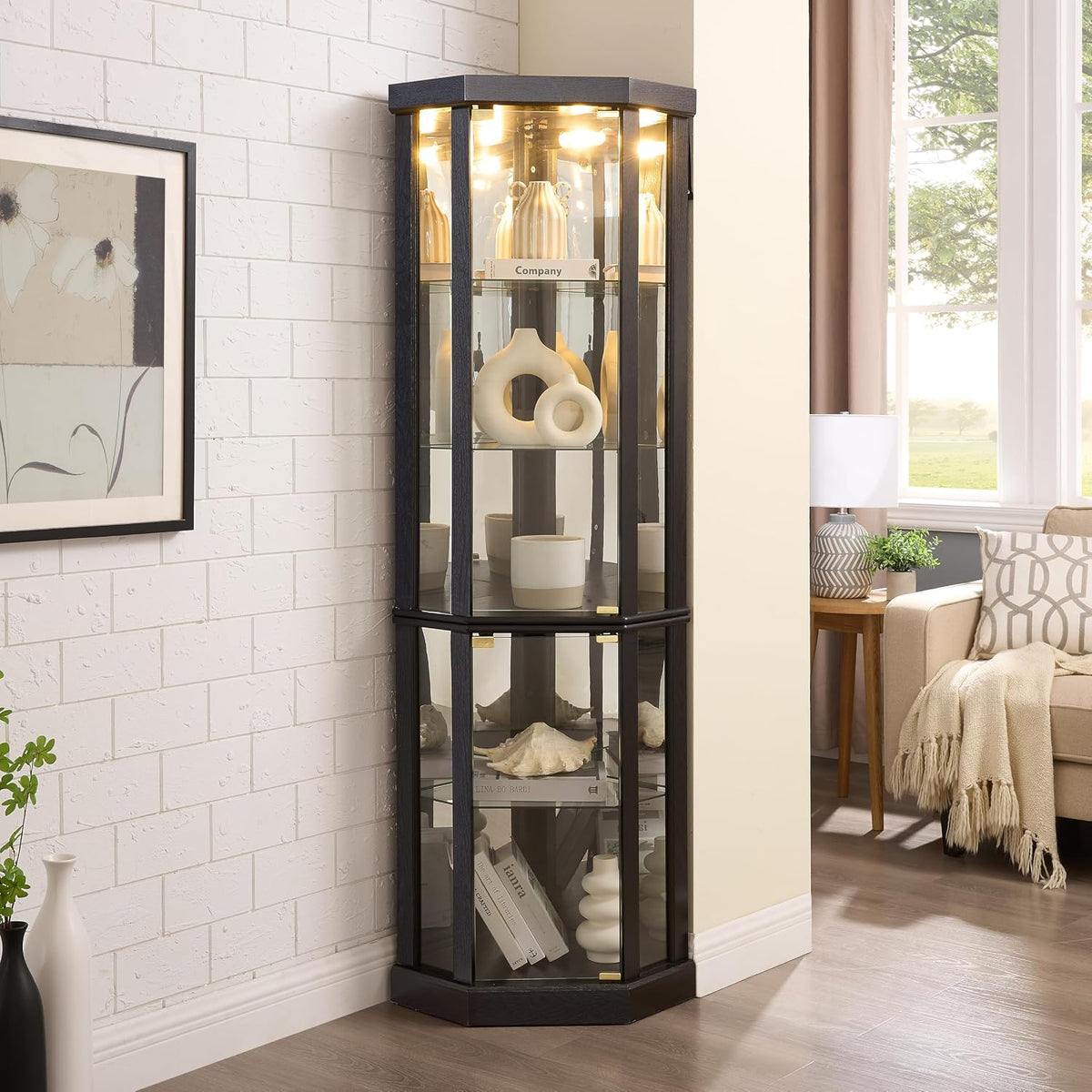 Black Lit Corner Glass Curio Cabinet