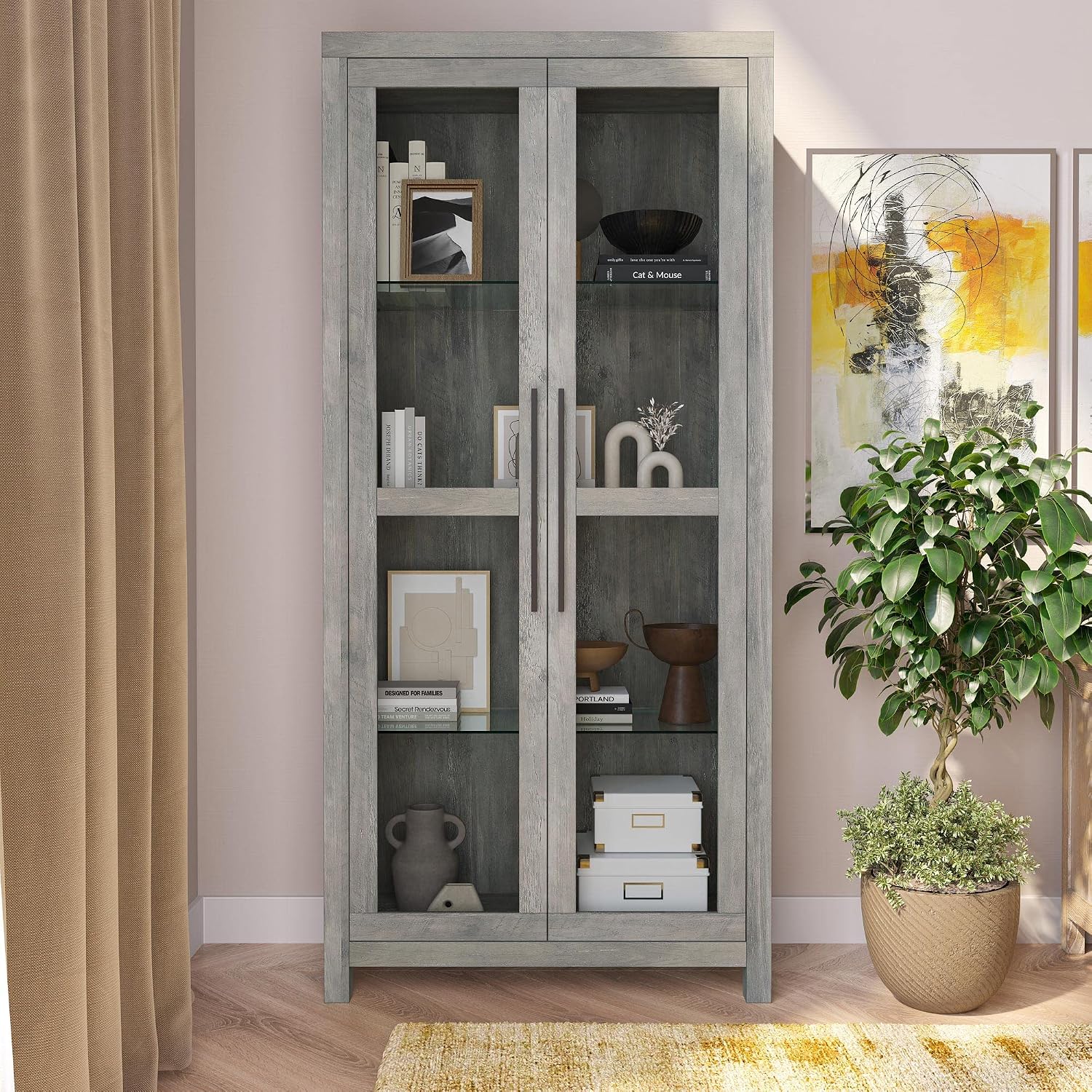 Gray Wash Tall Glass Curio Cabinet