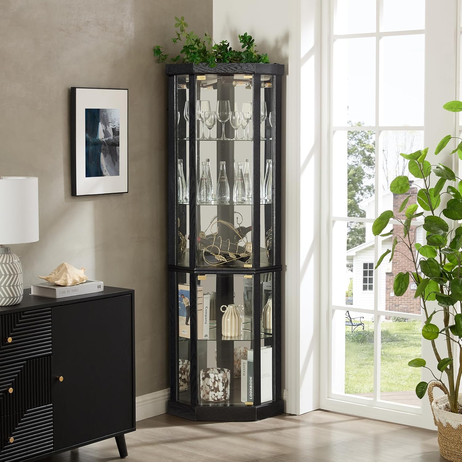 Black Lit Corner Glass Curio Cabinet