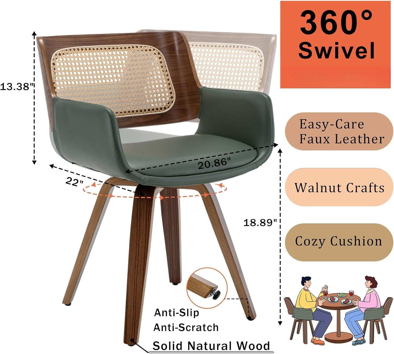Walnut Cane Swivel Dining Armchairs